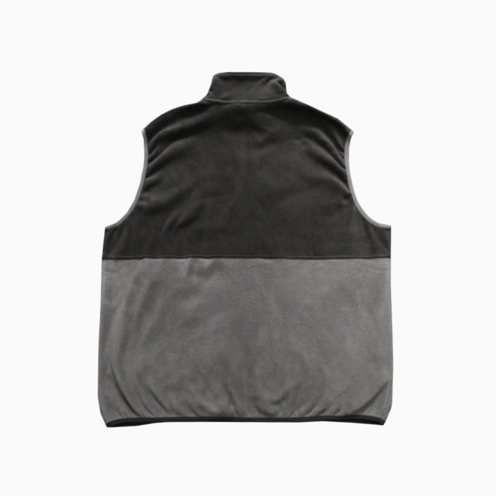 Two-tone black and gray vest with a logo on a white background