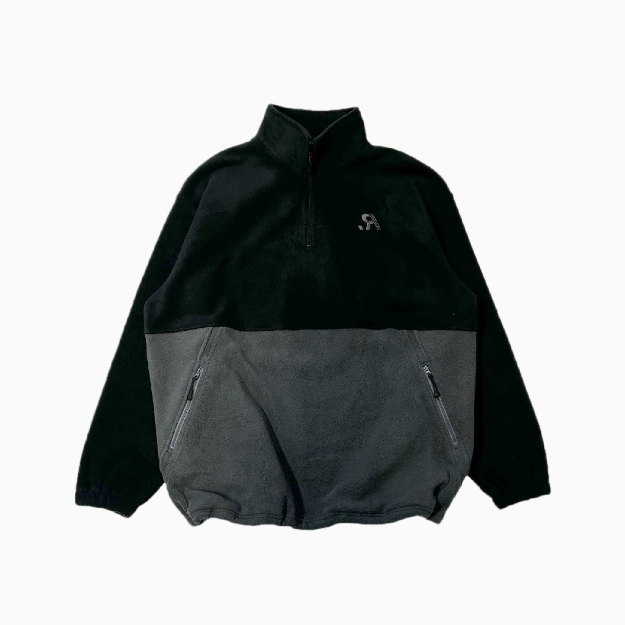 Black and gray fleece jacket with a brand logo on a white background