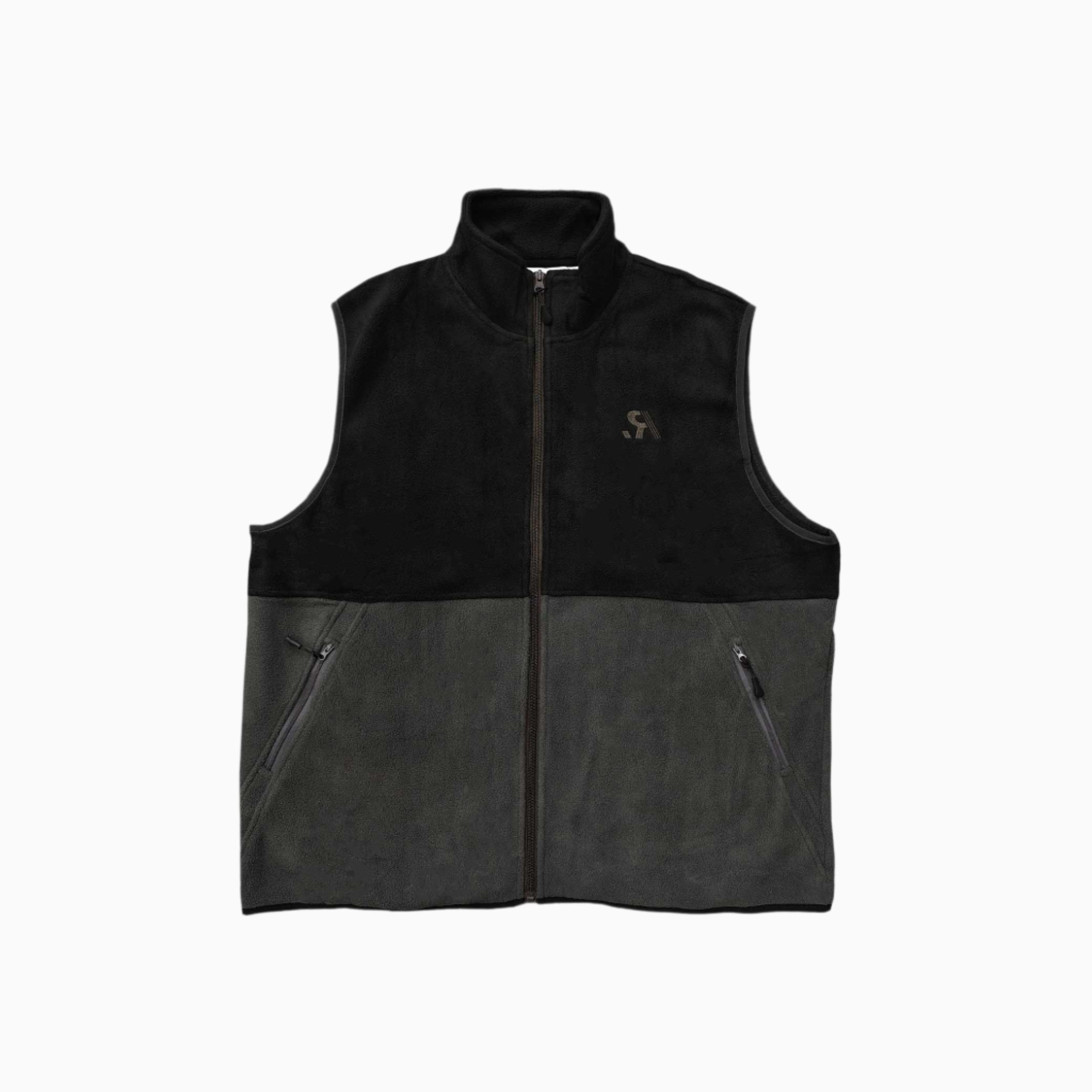 Black and gray two-tone vest with a logo on a white background