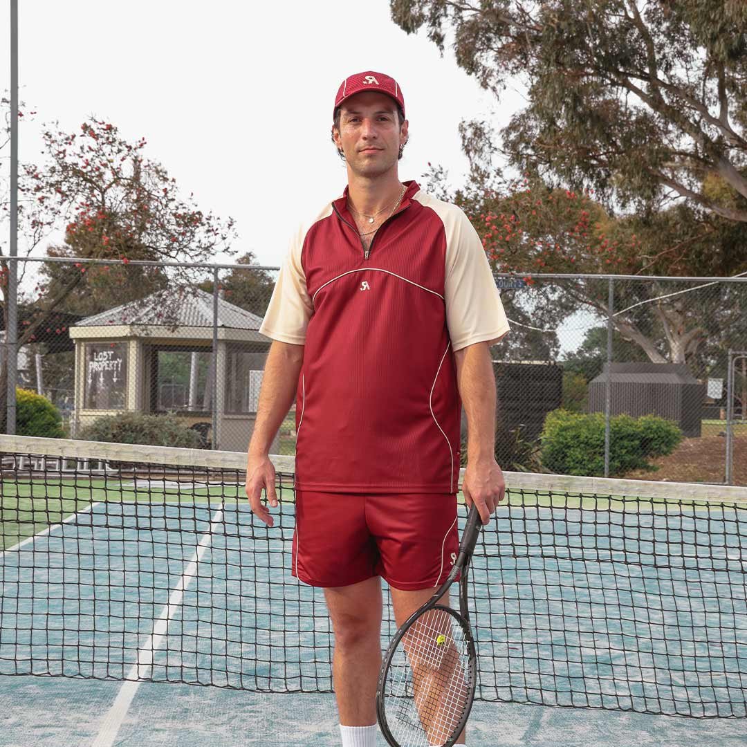 R.SPORT Tennis 1/4 Zip Top - Maroon/Cream