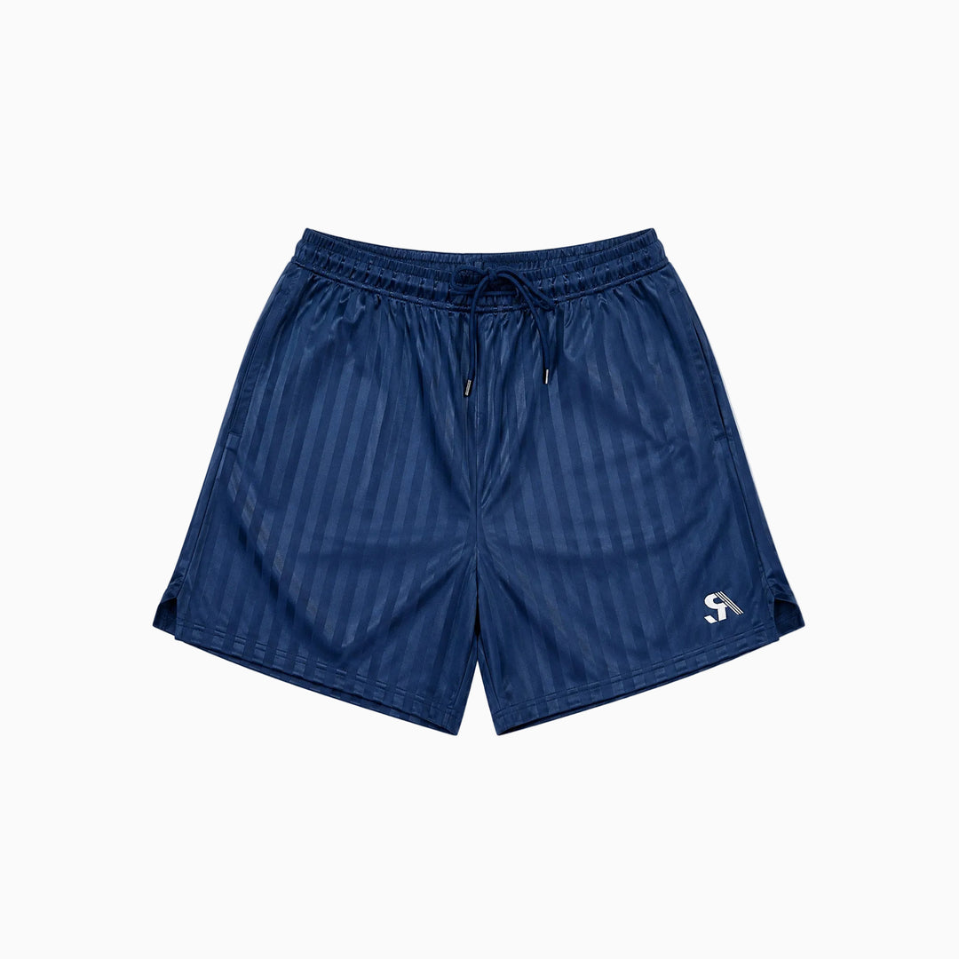 A pair of navy blue athletic shorts with a subtle vertical stripe pattern, featuring an elastic drawstring waist and a small white stylized 'SR' logo on the lower left hem, displayed against a solid white background.