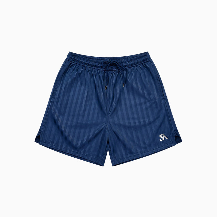 A pair of navy blue athletic shorts with a subtle vertical stripe pattern, featuring an elastic drawstring waist and a small white stylized &