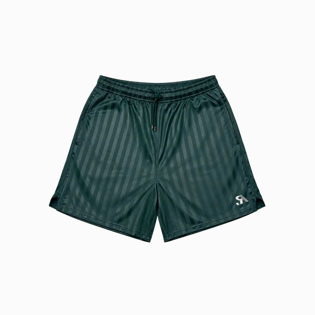 Dark green athletic shorts with vertical stripes and a small white logo on the lower left leg, shown against a plain white background.