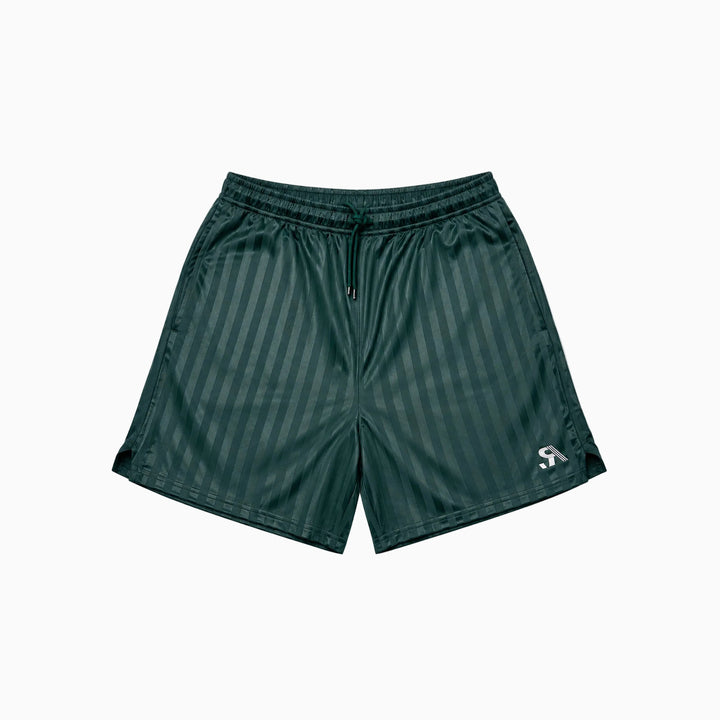 Dark green athletic shorts with vertical stripes and a small white logo on the lower left leg, shown against a plain white background.
