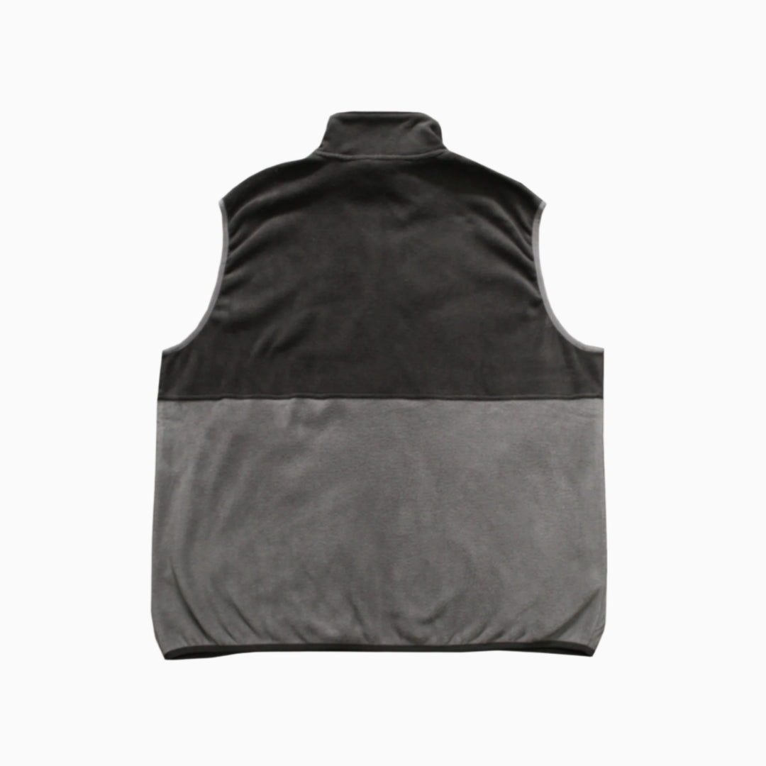 Two-tone black and gray vest with a logo on a white background