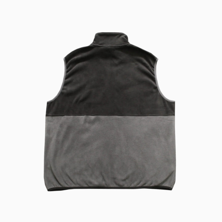 Two-tone black and gray vest with a logo on a white background