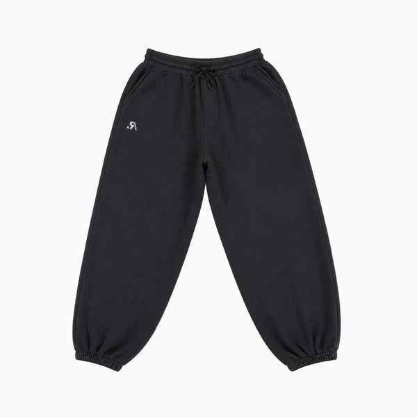 Black jogger sweatpants with an elastic drawstring waist and elastic cuffs, featuring a small white stylized logo on the left hip, shown against a plain white background.