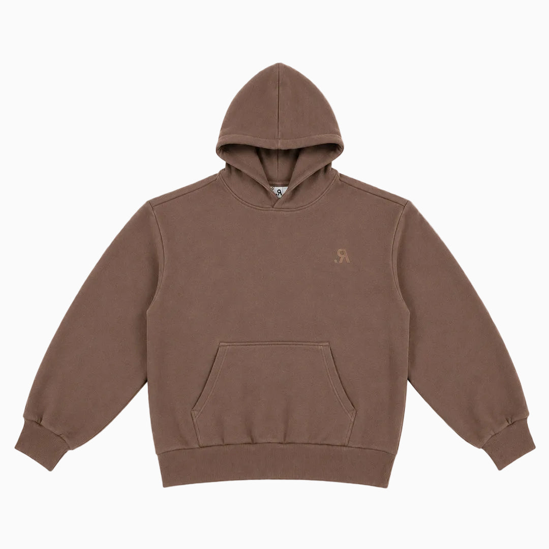 A brown pullover hoodie with a small embroidered logo on the left chest, displayed flat against a solid white background.