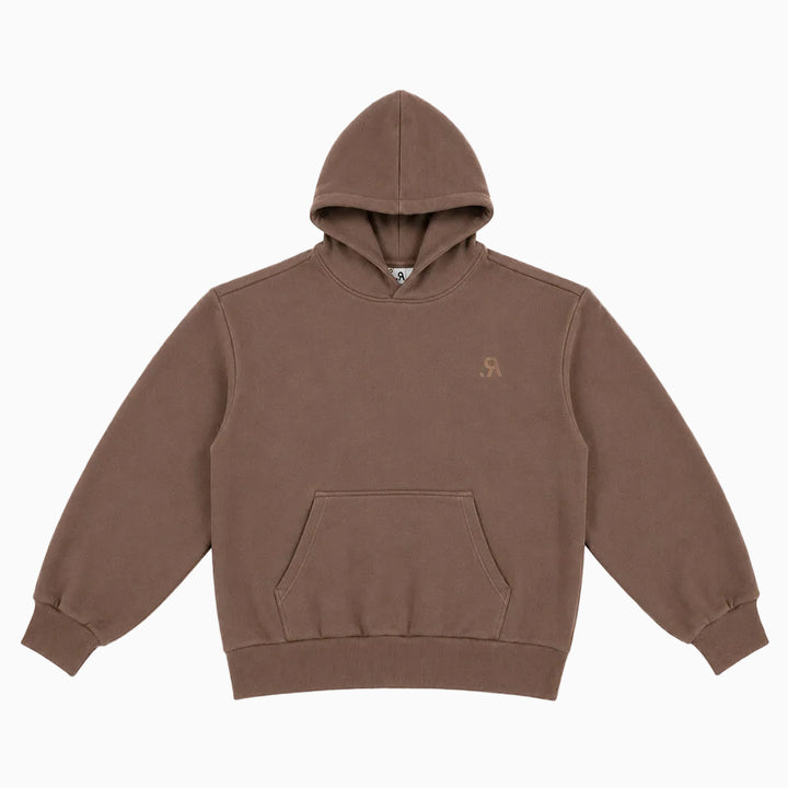 A brown pullover hoodie with a small embroidered logo on the left chest, displayed flat against a solid white background.