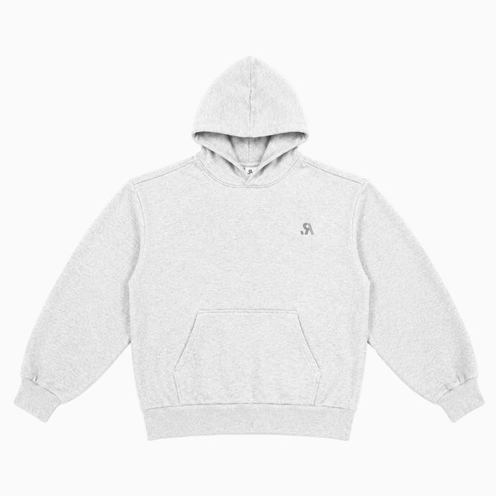 A light heather gray pullover hoodie with a small dark gray stylized &
