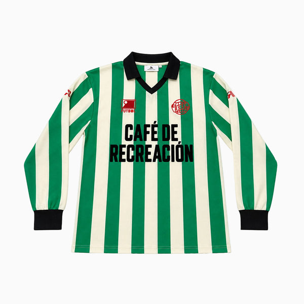 A long-sleeve striped soccer jersey with green and off-white vertical stripes, a black V-neck collar, black cuffs, and 'CAFÉ DE RECREACIÓN' printed in black across the chest. The jersey features the Real Betis club crest on the left chest and a sponsor logo on the right chest.