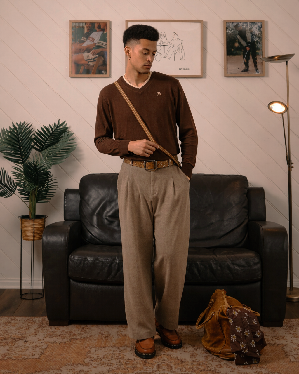 R.SPORT V-neck Long Sleeve Tee - Brown